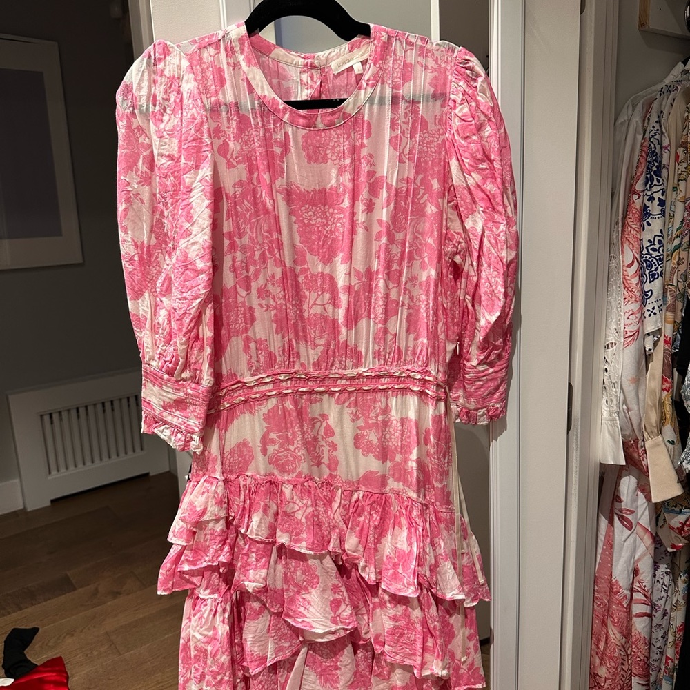 LoveShackFancy Pink Ruffled Tiered Puff Sleeve Dress
